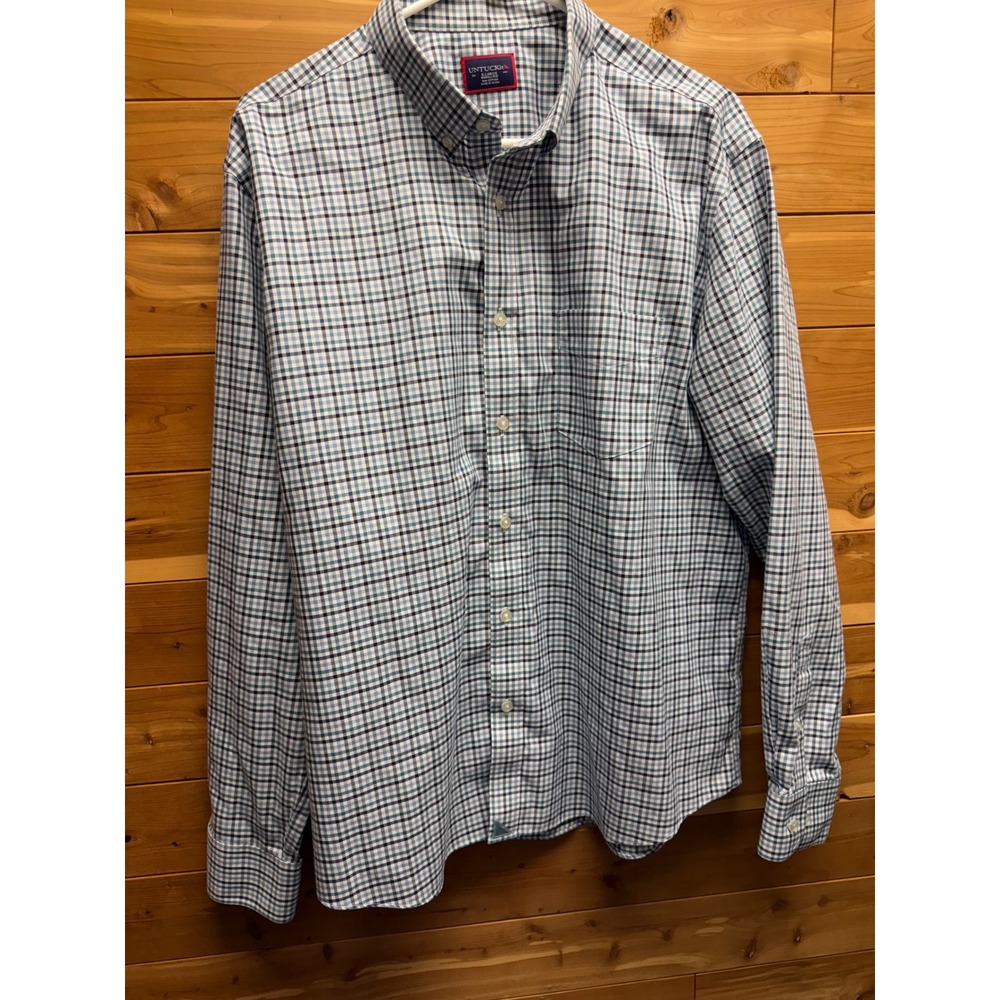 UNTUCKit XL Blue White Plaid Button Down Shirt Mens Wrinkle Free